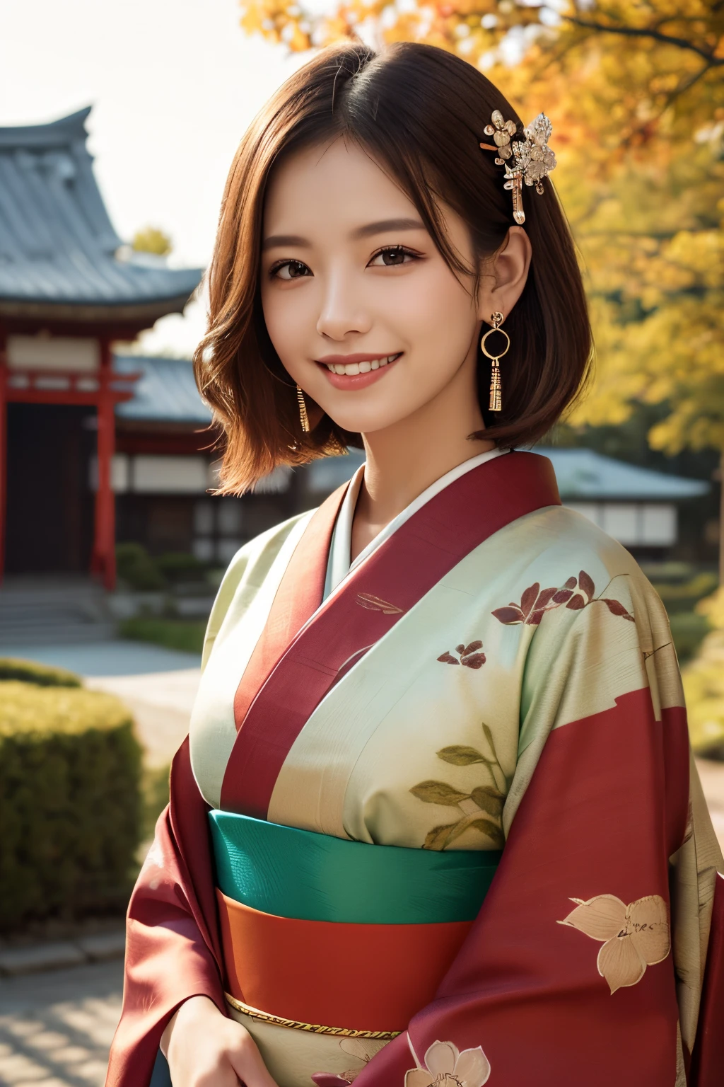 ((masterpiece)), ((best quality)), (ultra-detailed), ((kawaii)), cute, (lovely), ((extremely detailed)), 4K, (8K), best quality, (beautiful), illustration, Cowboy Shot, Japanese temple, green meadow, evening, autumn, a pretty woman, Japanese, solo, (red color kimono:1.3), beautiful red hair, beautiful brown eyes, ((beautiful eyes)), (light brown-skinned), (short hair:1.2), hair ornaments, earrings, light smile, lens flare, shiny