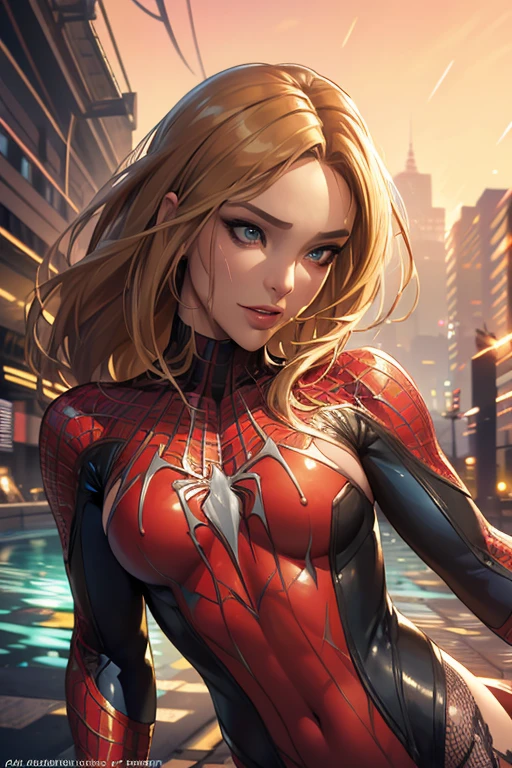 (best quality, masterpiece, colorful, dynamic angle, highest detailed) upper body photo, fashion photography of cute,  brown hair with blonde highlights, torn spiderman suit,(ultrahigh resolution textures), in dynamic pose, bokeh, glowing web, (intricate details, hyperdetailed:1.15), detailed, light passing through hair, colorful art flat background(official art, extreme detailed, highest detailed), calmart, revealing clothes, coquettish, sexy action pose, living clothes, shiny skin, dripping in fluids, sticky fluids on skin, LifeStrangeRachel, calmart