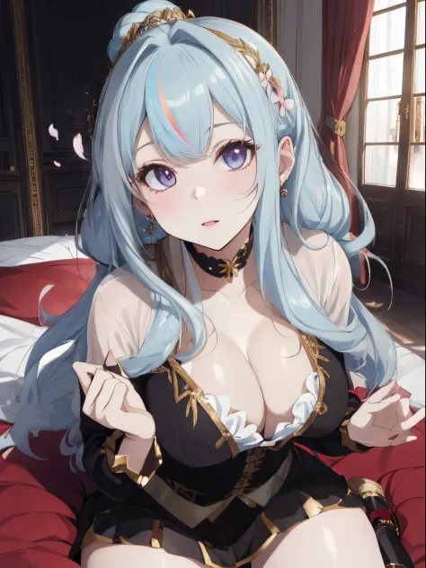 An aristocratic mansion lined with luxurious furniture,royal family,tome&#39;A lot of light is pouring down and shining,fluffy hair,pale gold mixed hair, White and light blue,rainbow-colored hair,Dango Hair,Her chest is wide open and you can see her cleava...