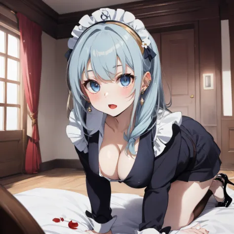 An aristocratic mansion lined with luxurious furniture,royal family,tome&#39;A lot of light is pouring down and shining,fluffy hair,pale gold mixed hair, White and light blue,rainbow-colored hair,Dango Hair,Her chest is wide open and you can see her cleava...
