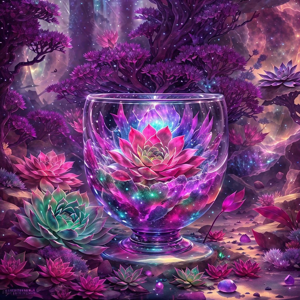 In this painting，We can see a mysterious and gorgeous scene。In the center of the painting is a transparent crystal chalice，it&#39;s huge and gorgeous，Entirely made of transparent crystal material。The Holy Grail is filled with clear liquid，Like a pool of illusory water，Fluctuating slightly。 in the crystal chalice，A magnificent succulent plant grows。Its leaves are whirling and colorful，As if made of gem-like colors，shining brightly。Each leaf has subtle lines and textures，Make it more real and vivid。The stems of succulents also show a transparent texture，Extending from the roots to every corner of the leaves。 The Crystal Grail is surrounded by a fantastic and spectacular scene。clear crystal walls reflect surrounding light，A beautiful light and shadow effect is formed。In the distance is a vast sky，Little bits of light shine in it。at the edge of the sky，A bright moon hovers，Moonlight spilled，illuminates the whole scene。 The whole picture is full of visual impact and sense of the world.。Succulents in clear crystal chalice symbolize the miracle of life and the power of nature，The surrounding light, shadow and starry sky give people a mysterious atmosphere。This painting combines succulents with a clear crystal chalice，presents a very charming and imaginative scene。 I hope this painting can bring you visual enjoyment and impact，Let you feel the unique beauty of succulents。