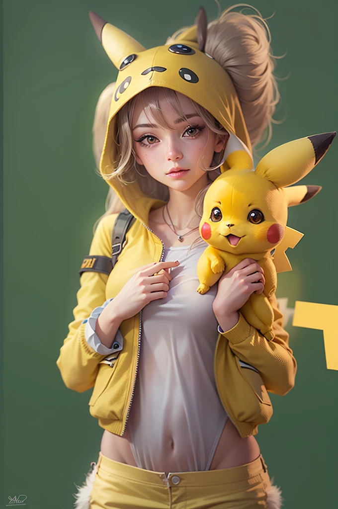 "Create a photorealistic 4k illustration of a Pikachu Gijinka girl, showcasing the essence of Pikachu through her clothing and accessories, in a full body composition."