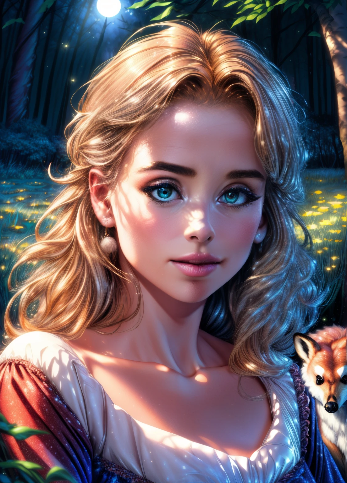 (best quality,4k,8k,highres,masterpiece:1.2),ultra-detailed,(realistic,photorealistic,photo-realistic:1.37),Enchanted forest, little girl illuminated by the soft moonlight,playful foxes,graceful fawns,adorable cubs,wise owls,cute bunnies,prickly hedgehogs gather under the celestial beauty,portraits,landscape,photography,vivid colors,warm tones,soft lighting,peaceful ambiance