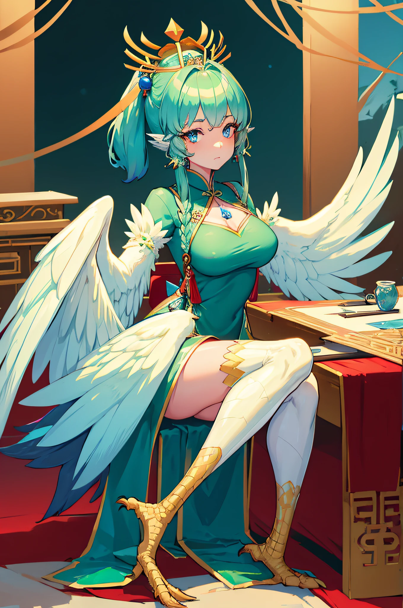 4k,hight resolution,One Woman,harpy,Green hair,poneyTail,Blue eyes,Sexy face,huge tit,snow-white wings,golden toenails,ancient chinese princess,fantasy cheongsam dress,ancient chinese crown