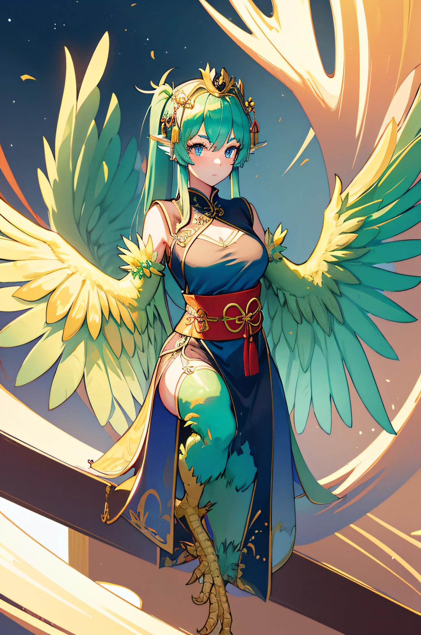 4k,hight resolution,One Woman,harpy,Green hair,poneyTail,Blue eyes,Sexy face,huge tit,snow-white wings,golden toenails,ancient chinese princess,fantasy cheongsam dress,ancient chinese crown,jewel decorations,Inside the royal family