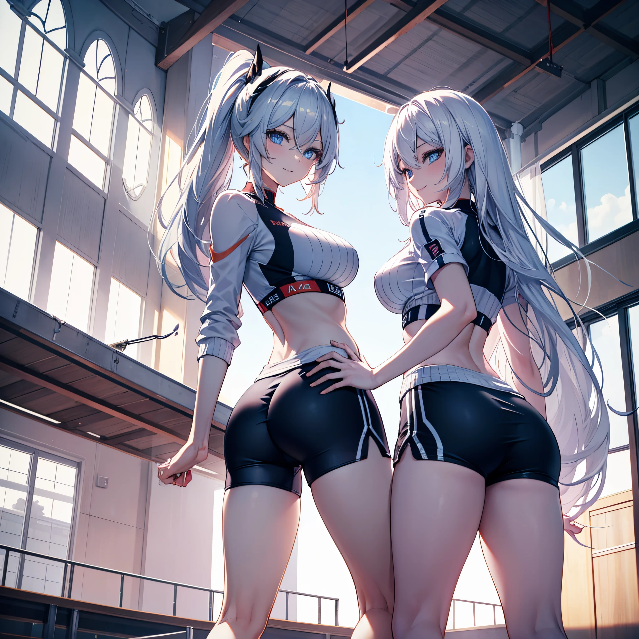 Realistic image, Detailed image, 1 girl (Kiana Kaslana). Long silky hair, silver hair, blue eyes, long eyelashes. Women's 2 piece short t-shirt, ribbed, seamless, workout, exercise, long sleeve, Sport Minishorts. Large breasts, slim waist, wide hips and thick thighs. smiling. with one leg raised while winking. Arched back. View from below. View from behind. Sports court. Volumetric light. Ambient light.