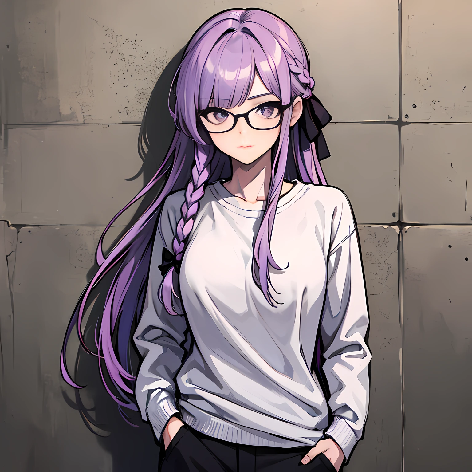 (absurdres, 8k, 4k, masterpiece, hyper extreme detailed:1.2), solo, front view portrait, best quality, portrait, solo, adult, cowboyshot, perfect anatomy, 1girl, perfect face, expressive eyes, perfect eyes, t-shirt, standing up, standing against wall, standing, kyoko kirigiri, (braid:1.1), hair behind ear, long hair, (side braid:1.1), light purple hair, hair ribbon, ribbon, (purple eyes:1.1), sweater, casualwear, glasses half body, dynamic pose, forward view, looking at viewer, stoic, uninterested, medium bust, hands in pockets, aakyoko, long hair, purple hair, side braid, blunt bangs, hair ribbon, black ribbon