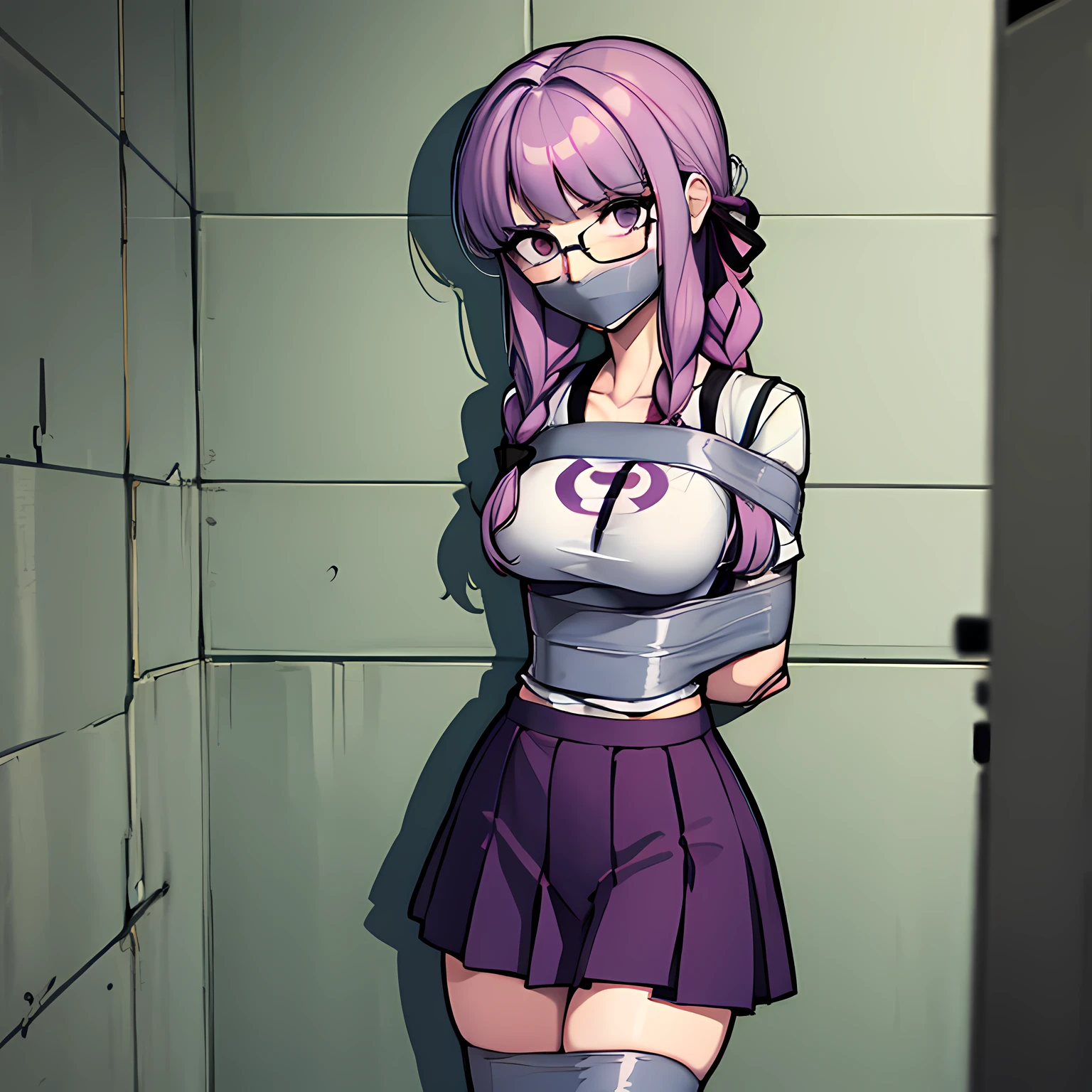 (absurdres, 8k, 4k, masterpiece, hyper extreme detailed:1.2), solo, front view portrait, best quality, portrait, solo, adult, cowboyshot, perfect anatomy, 1girl, perfect face, expressive eyes, perfect eyes, t-shirt, standing up, standing against wall, standing, kyoko kirigiri, (braid:1.1), hair behind ear, long hair, (side braid:1.1), light purple hair, hair ribbon, ribbon, (purple eyes:1.1), graphic t-shirt, casualwear, glasses half body, dynamic pose, forward view, looking at viewer, stoic, uninterested, bound, bondage, (arms behind back:1.4), bdsm, tape gag, tape, tape bondage, close-up, restrained, best anatomy, half body, taped thighs, taped legs, legs together, tape wrapped, wrap gag, tightly bound, tape wrapped around face, standing, aakyoko, long hair, purple hair, side braid, blunt bangs, hair ribbon, black ribbon, danganronpa \(series\), annoyed,