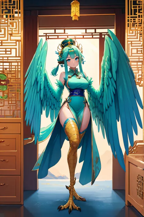 4k,hight resolution,One Woman,harpy,Green hair,poneyTail,Blue eyes,Sexy face,huge tit,snow-white wings,golden toenails,ancient c...