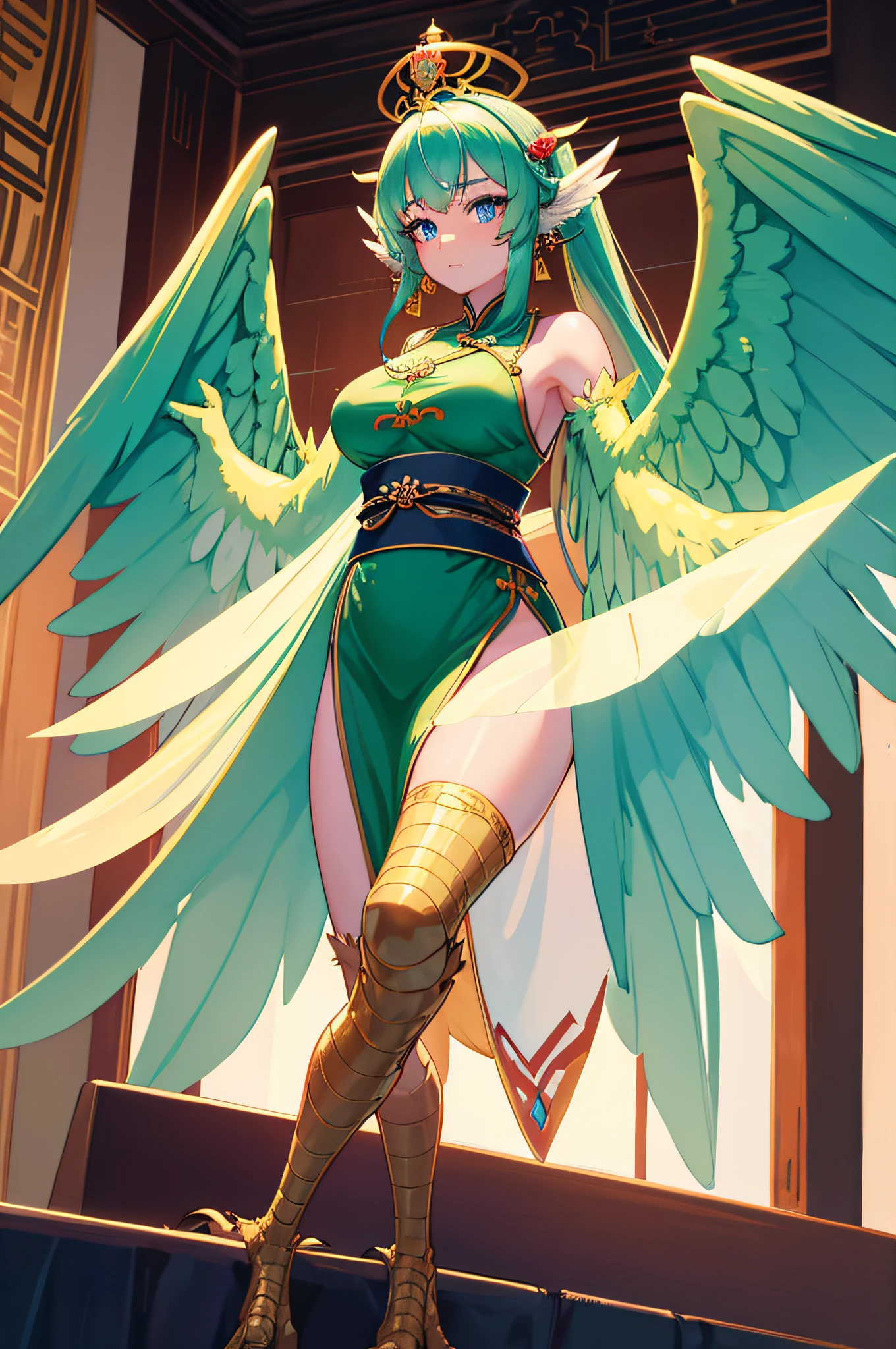 4k,hight resolution,One Woman,harpy,Green hair,poneyTail,Blue eyes,Sexy face,huge tit,snow-white wings,golden toenails,ancient chinese princess,fantasy cheongsam dress,ancient chinese crown,jewel decorations,Inside the royal family