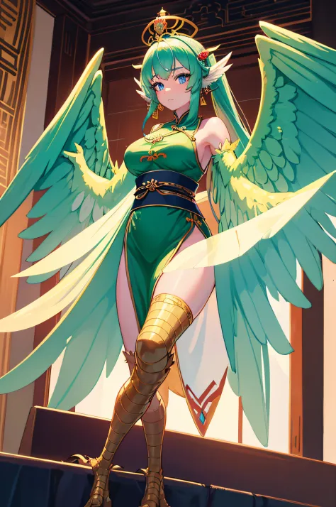 4k,hight resolution,One Woman,harpy,Green hair,poneyTail,Blue eyes,Sexy face,huge tit,snow-white wings,golden toenails,ancient c...