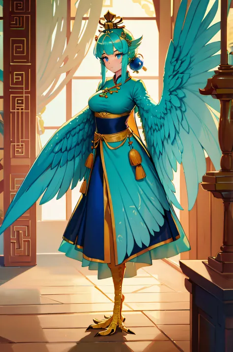 4k,hight resolution,One Woman,harpy,Green hair,poneyTail,Blue eyes,Sexy face,huge tit,snow-white wings,golden toenails,ancient c...