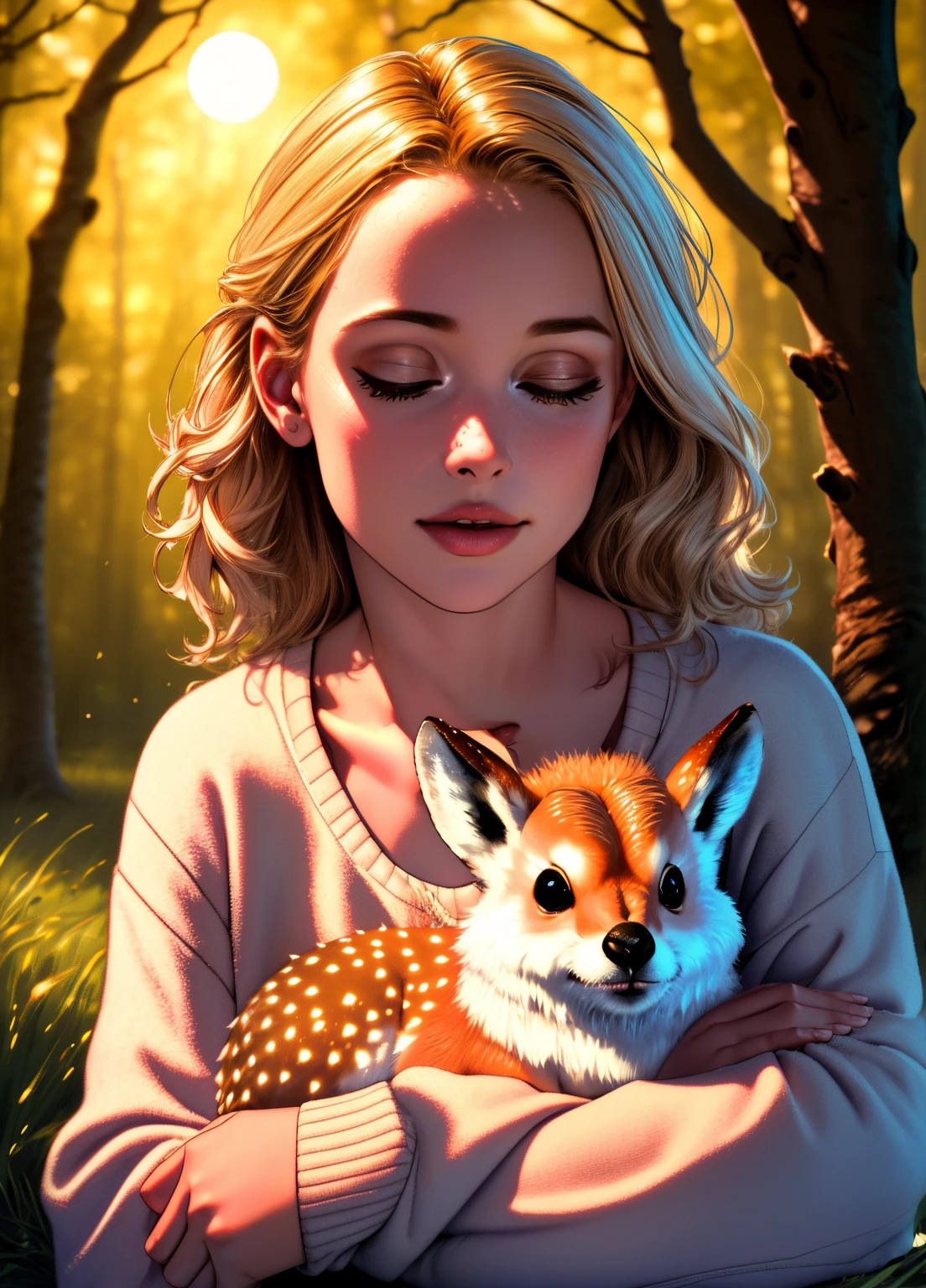 (best quality,4k,8k,highres,masterpiece:1.2),ultra-detailed,(realistic,photorealistic,photo-realistic:1.37),Enchanted forest,  illuminated by the soft moonlight,playful foxes,graceful fawns,adorable cubs,wise owls,cute bunnies,prickly hedgehogs gather under the celestial beauty,portraits,landscape,photography,vivid colors,warm tones,soft lighting,peaceful ambiance