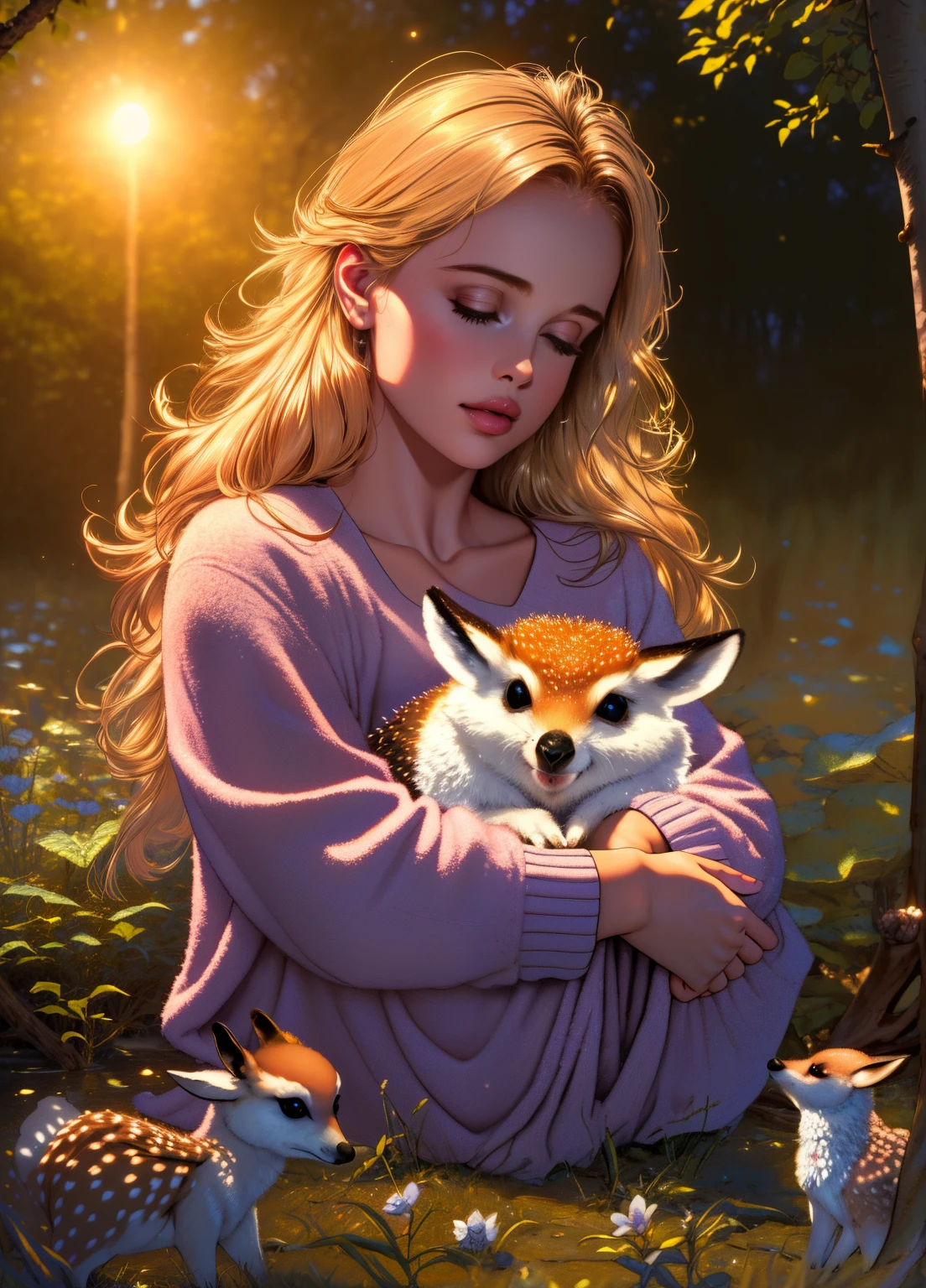 (best quality,4k,8k,highres,masterpiece:1.2),ultra-detailed,(realistic,photorealistic,photo-realistic:1.37),Enchanted forest, little girl illuminated by the soft moonlight,playful foxes,graceful fawns,adorable cubs,wise owls,cute bunnies,prickly hedgehogs gather under the celestial beauty,portraits,landscape,photography,vivid colors,warm tones,soft lighting,peaceful ambiance