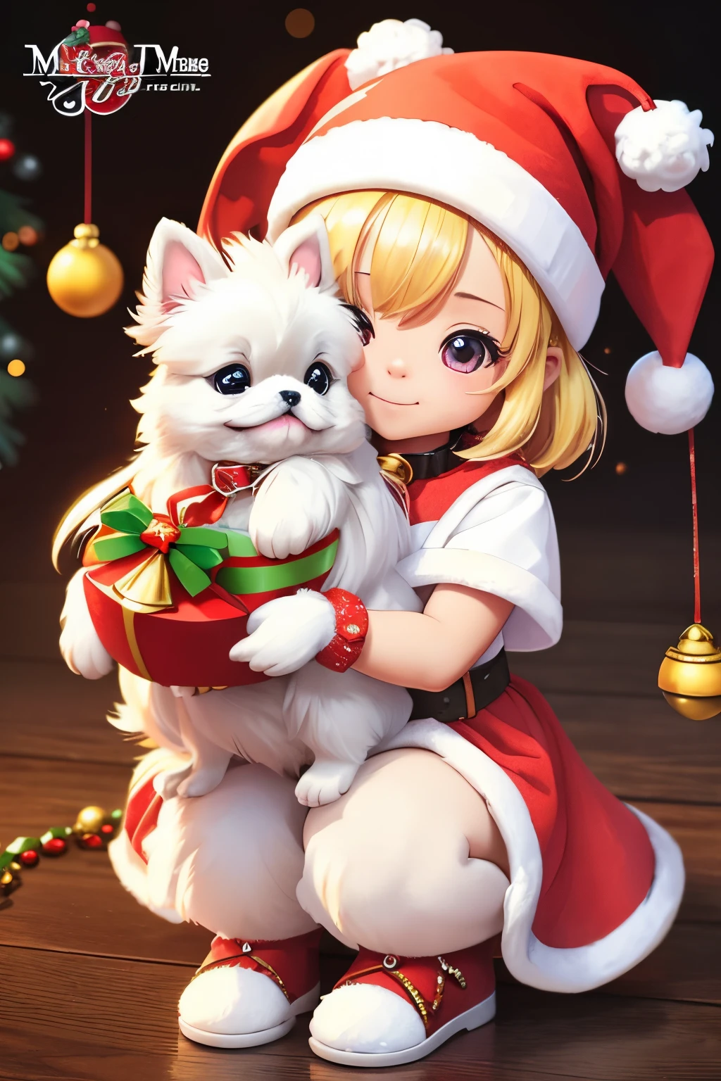 3D vector art、Perro pequinés blanco lindo colorido、El perro lleva un gorro de Navidad.、el perro tiene una campana&#39;cuello、 lindo regalo de navidad, el perro es esponjoso、Alta calidad ultrarrealista,  lindo y peculiar, Arte De Fantasía, efecto acuarela、 Abrazar a un perro