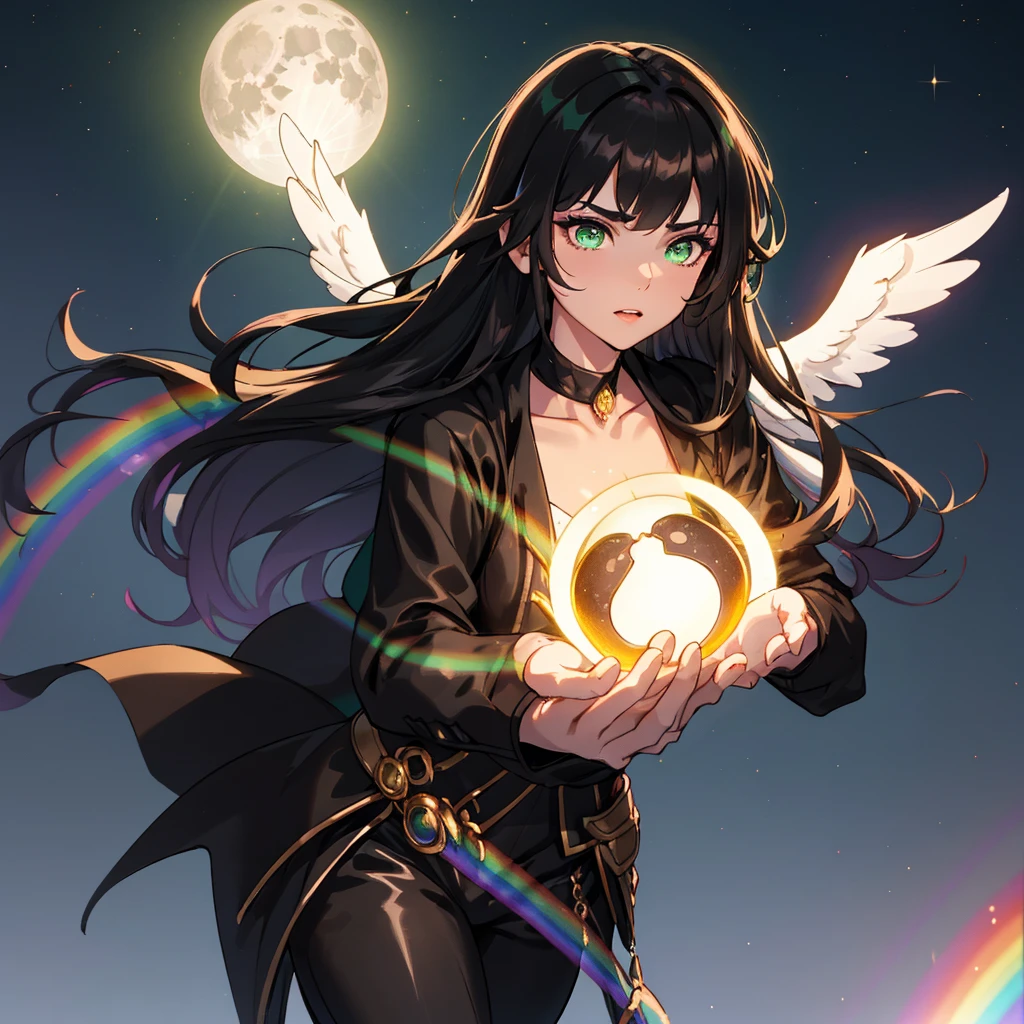 1girl, pretty girl, Young Adult Female Princess, long rainbow hair, rainbow eyes, angel, black dress, romantic, embrace, 1man, Young Adult Male Fighter, muscular, tan skin, short black hair, green eyes, black cloak, black pants, dungeons and dragons, Achilles, moon lit night, masterpiece, highest quality, ultra detail, illustration, depth of field, dynamic angle, 8k wallpaper, portrait, best light and shadow quality, 4k, 8k, cg, fine detail, full body,