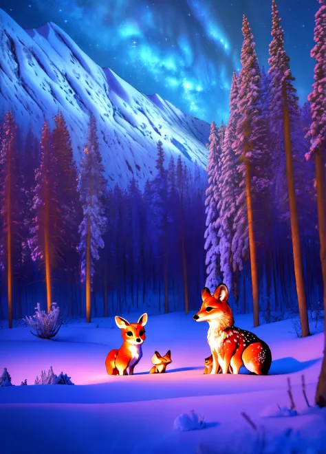 (best quality,4k,8k,highres,masterpiece:1.2),ultra-detailed,(realistic,photorealistic,photo-realistic:1.37),Enchanted forest, little girl illuminated by the soft moonlight,playful foxes,graceful fawns,adorable cubs,wise owls,cute bunnies,prickly hedgehogs ...