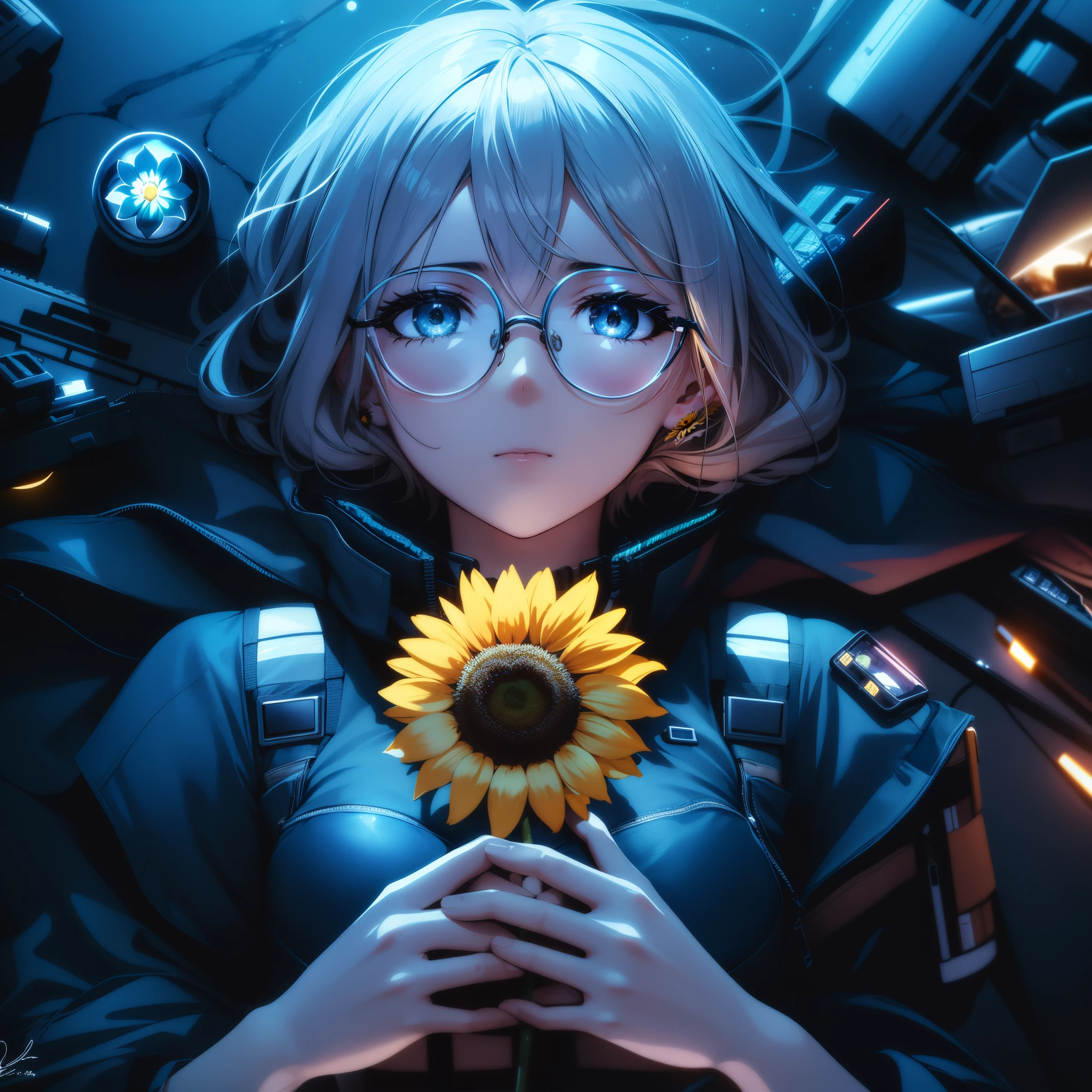  com olhos azuis, wearing round glasses, her blonde hair in side braids down and resting on her shoulders. She is in a completely destroyed cyberpunk environment, where nighttime stars are hidden by the incessant glow of futuristic vehicles and aircraft.. In her hand, she holds a lonely sunflower, forcibly removed by someone. Your look is neutral, slightly melancholy, mas profundamente contemplativo. In the chaotic and devastated scenario, a garota se destaca contra a beleza natural perdida. Os restos do girassol, once a radiant symbol of hope, now rest in your hands, ripped away by cruel hands. Seus olhos azuis refletem uma tristeza consciente pela perda, while round glasses add a touch of vulnerability to your expression. The absence of night stars is replaced by the artificial and frantic glow of vehicles and aircraft, encapsulando a atmosfera desolada e futurista. The Girl, deitado em meio a esta paisagem devastada, cradles the  sunflower with an expression that transcends sadness, conveying a profound reflection on the fragility of nature in a world corroded by technology and destruction. The scene is purposely centered on the presence of just one sunflower, emphasizing its singular meaning in your hands.