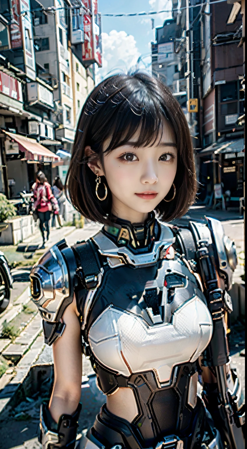 ((Best quality)), ((masterpiece)), (highly detailed:1.3), 3D, Shitu-mecha, beautiful cyberpunk women with her mecha in the ruins of city from a forgoten war, ancient technology,HDR (High Dynamic Range),Ray Tracing,NVIDIA RTX,Super-Resolution,Unreal 5,Subsurface scattering,PBR Texturing,Post-processing,Anisotropic Filtering,Depth-of-field,Maximum clarity and sharpness,Multi-layered textures,Albedo and Specular maps,Surface shading,Accurate simulation of light-material interaction,Perfect proportions,Octane Render,Two-tone lighting,Low ISO,White balance,Rule of thirds,Wide aperature, 8K RAW,Efficient Sub-Pixel, sub-pixel convolution, luminescent particles, light scattering,Tyndall effect, (Japanese high school girl, surreal girl, idle face, 16 years old, affectionate cute, slim waist and large breasts style, short height, younger sister girl, round face, eyebrows downward, short bob cut, black hair, bangs, one earring, lively eyes, light blush, Look at viewers, Haruka Hukuhara:1.2), Look at viewer, smile