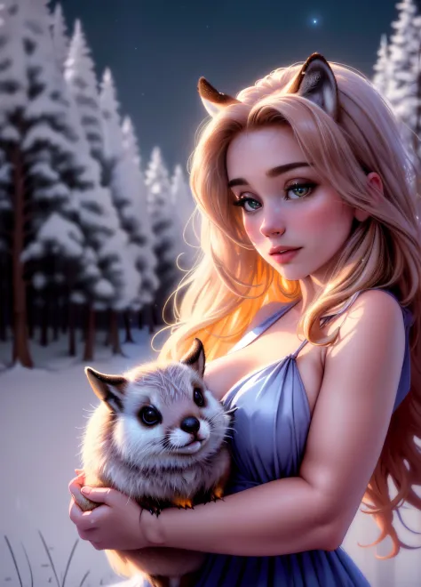 (best quality,4k,8k,highres,masterpiece:1.2),ultra-detailed,(realistic,photorealistic,photo-realistic:1.37),Enchanted forest, little girl illuminated by the soft moonlight,playful foxes,graceful fawns,adorable cubs,wise owls,cute bunnies,prickly hedgehogs ...