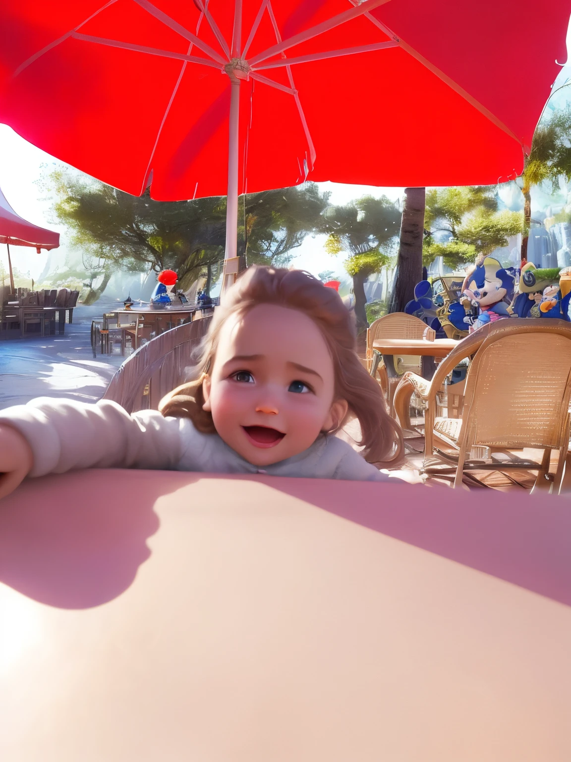 There is a little girl that is sitting under a red umbrella - SeaArt AI