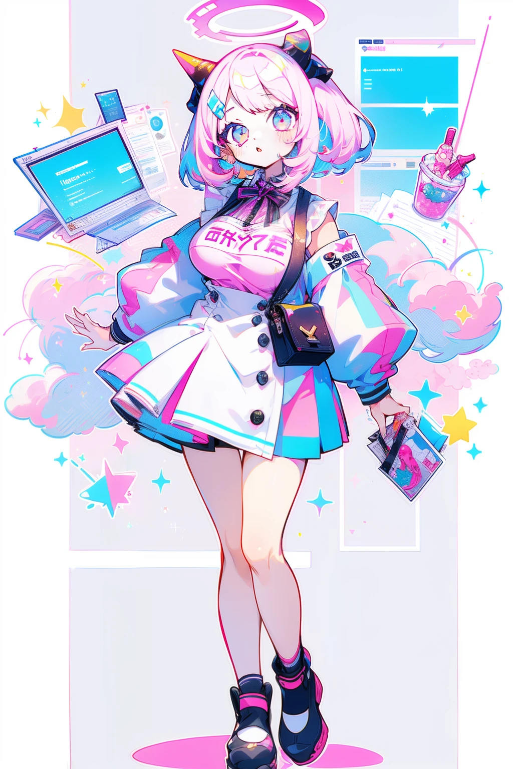 ((Masterpiece, Best)), (1girl), ((Trendy Girl)), Light Pink Hair, Halo, Horn, ((Office Lady)), Bangs, Mid-breasted, (Plump), Slim, Colorful Hair Color, Trendy Clothing, Street Culture