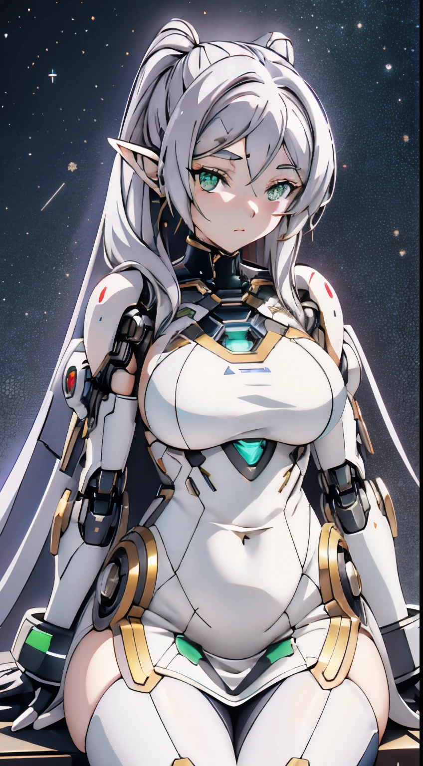 （tmasterpiece，Best quality），(Gamine)，mini-skirts，white color mecha，high-tech equipment，(A brunette one，medium bob)，embarrassed from，exquisite body，With a petite figure，Best shoulder quality, tmasterpiece, 1 plump girl, (Alone:1.1), ray traycing, ultra - detailed,Detailed faces, 8k wallpaper, Wide hips, Freelon NDV, 1 plump girl, White hair, dual horsetail, Green-eyed, mediuml breasts, Long gray hair, pointy ears, fairies, Parted bangs, White shawl, White dress, obi strip, longer sleeves,  External, sitted, hooded, 围巾, Yuki, Winters