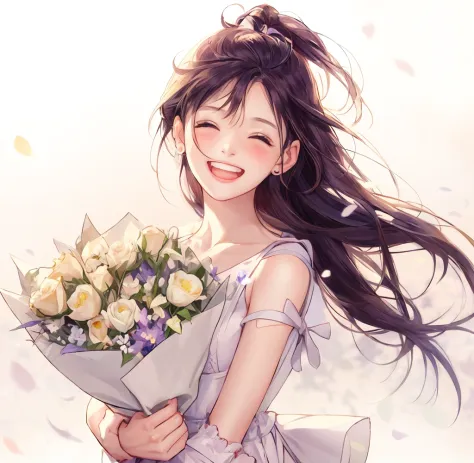 Anime girl with flowers in her hands，With a smile on his face, with flowers, she expressing joy, beautiful and smiling, laughing...