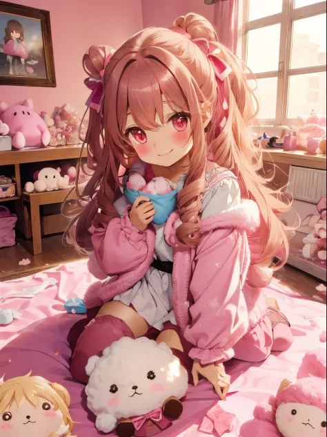 A room with lots of pink fluffy things,fluffy voluminous hair,lightbrown hair,hair band with big ribbon,fluffy and warm clothes,winter clothes with loose sleeves,Slight red tide,Smiling kindly,There are lots of cute stuffed animals, toys, and sweets scatte...