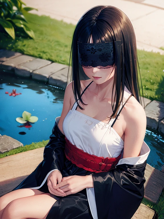 A small chested blind woman wearing delicate Hanfu robes and a blindfold with floor length black hair sitting in a traditional asian garden by a pond. she looks soft and peaceful