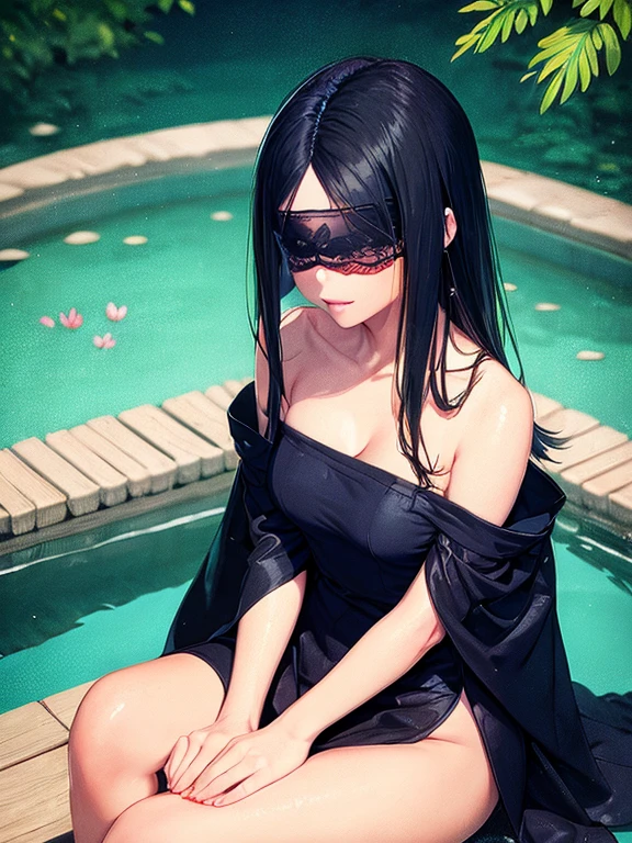 Слепая женщина с маленькой грудью, одетая в изящные одежды ханьфу и с повязкой на глазах, с черными волосами до пола, сидит в традиционном азиатском саду у пруда.. она выглядит мягкой и мирной