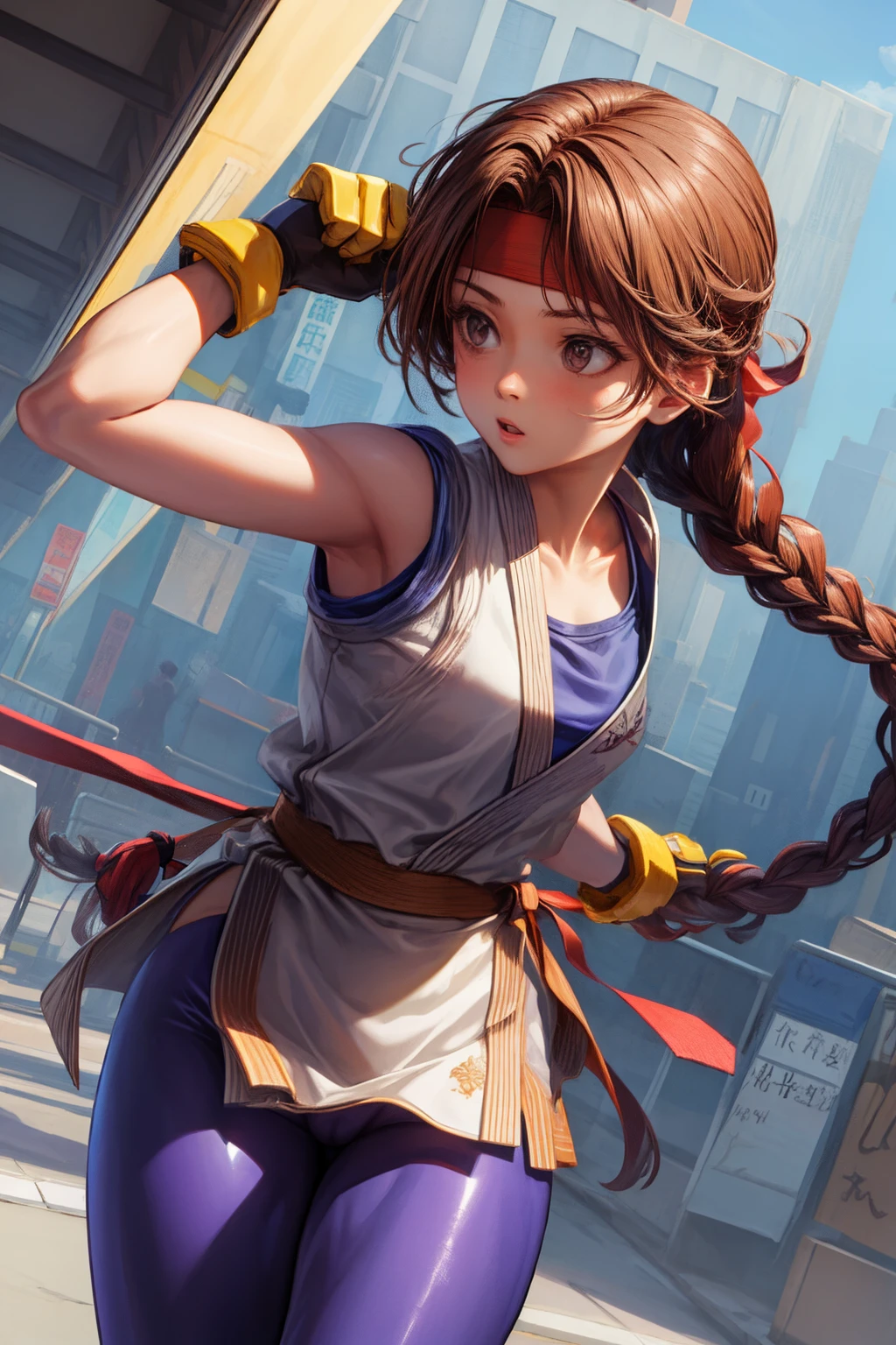 (masterpiece, best quality, high resolution, unity 8k wallpaper, extremely detailed CG:1), (illustration:1.0), 1girl,solo, yurims, headband, dougi, spandex, gloves,