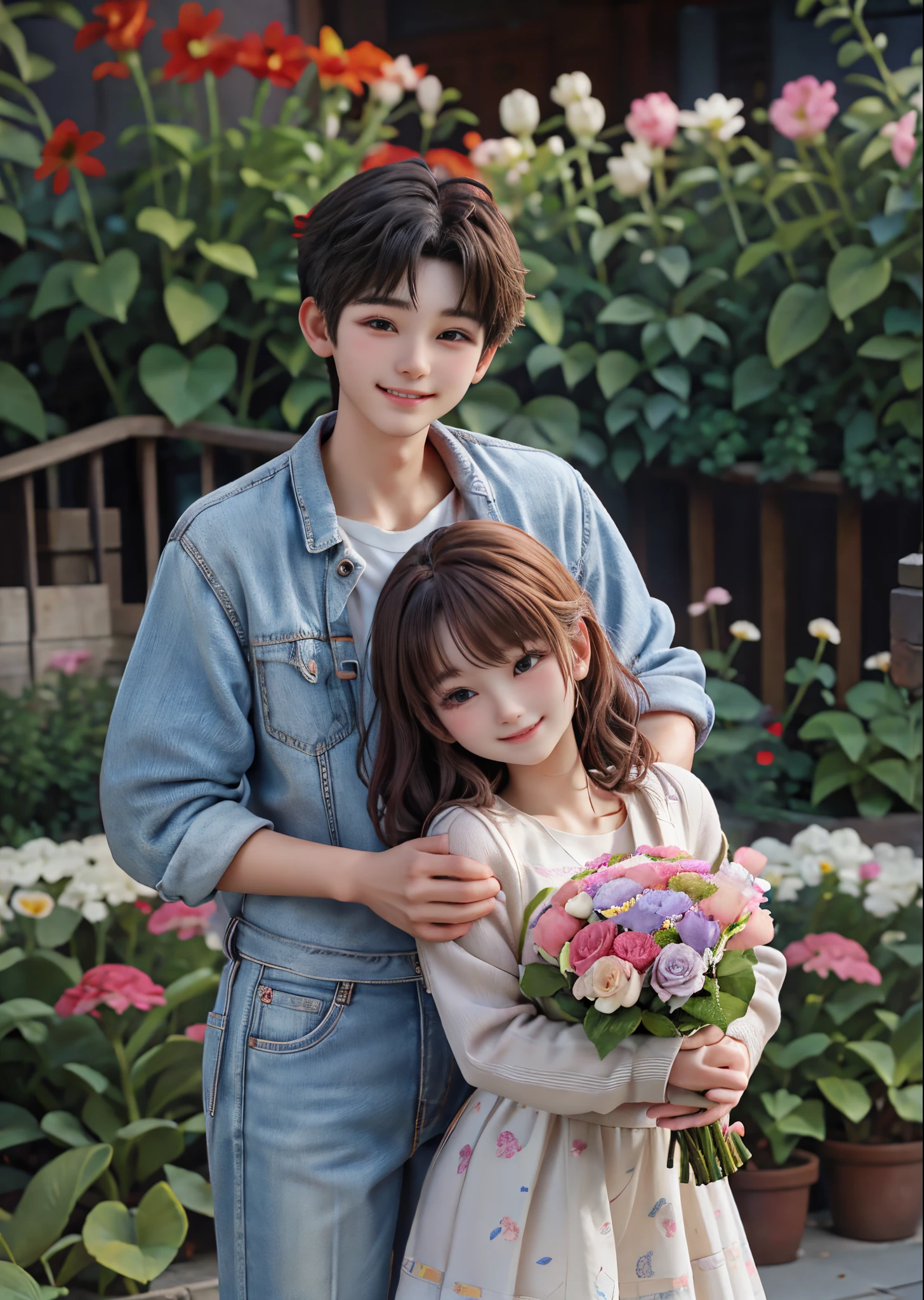 （（20 year old male and 1 female））、a couple、woman has a bouquet of flowers、Wear casual clothes、huge smile、In the flower garden、Commemorative photo、Perfect litthing、high-detail、high-level image quality、High color rendering、hight resolution、A hyper-realistic、photographrealistic