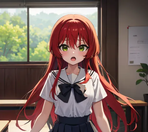 kitaikuyo, ikuyo kita, (green eyes:1.5), hair between eyes, long hair, one side up, red hair, (flat chest:1.2),
BREAK black foot...