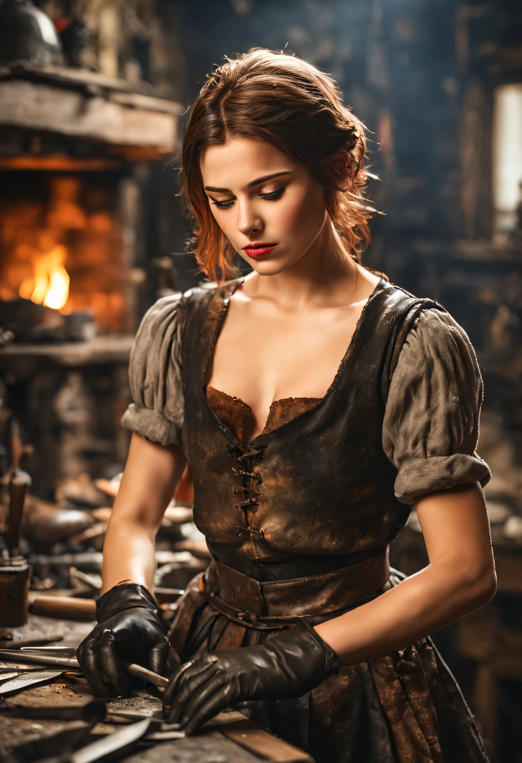 Highly detailed mock-up photos of the Weaponsmith:1.2, actual, depth of fields, vague background, 
1个Giant Breast Girl, short detailed hair, Black gloves, Brown hair, With his eyes closed, fireplace, smir, mitts, Clamping tools, knifes, cparted lips, looking at viewert, a skirt, Alone, Weapon craftsman, work table, work reality:1.3, 
tmasterpiece, Best quality at best:1.1, 
(Film photography:1.2),