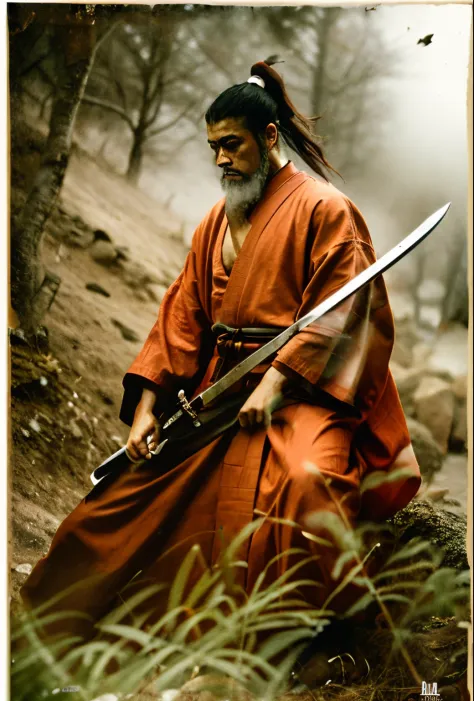 homem arafiado de manto preto segurando uma espada na frente de um fundo preto, inspired by kanō sanraku, retrato samurai, foto ...