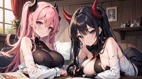 three anime girls with horns and horns are posing for a picture, beautiful eyes finely detailed, blushed face, toothy smile, big breast, a picture by Shitao, pixiv, auto-destructive art, background is room in medieval era castle, mika kurai demon, azur lan...