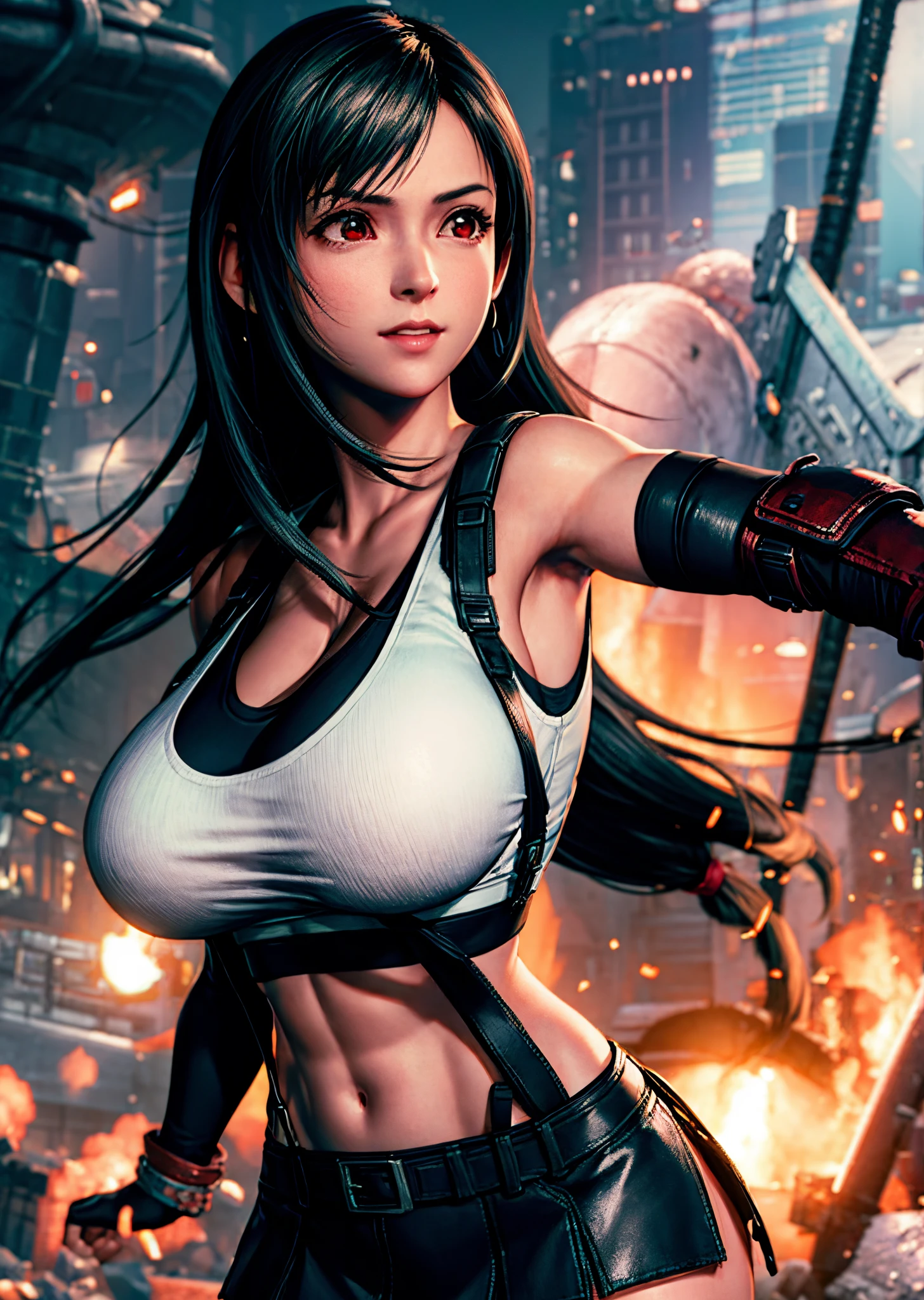 (Photorealistic: 1.4), top quality, very delicate and beautiful, high resolution, 1girl, tifa_lockhart, smile, cowboy shot, suspenders, low rise, mini skirt, tank top, tense shirt, black hair, long hair, elbow gloves, beautiful detailed red eyes, face light, movie lighting, navel, high exposure, abdomen exposure, ribs, abs, ( gigantic breasts: 1.2), dynamic poses, dynamic angles,