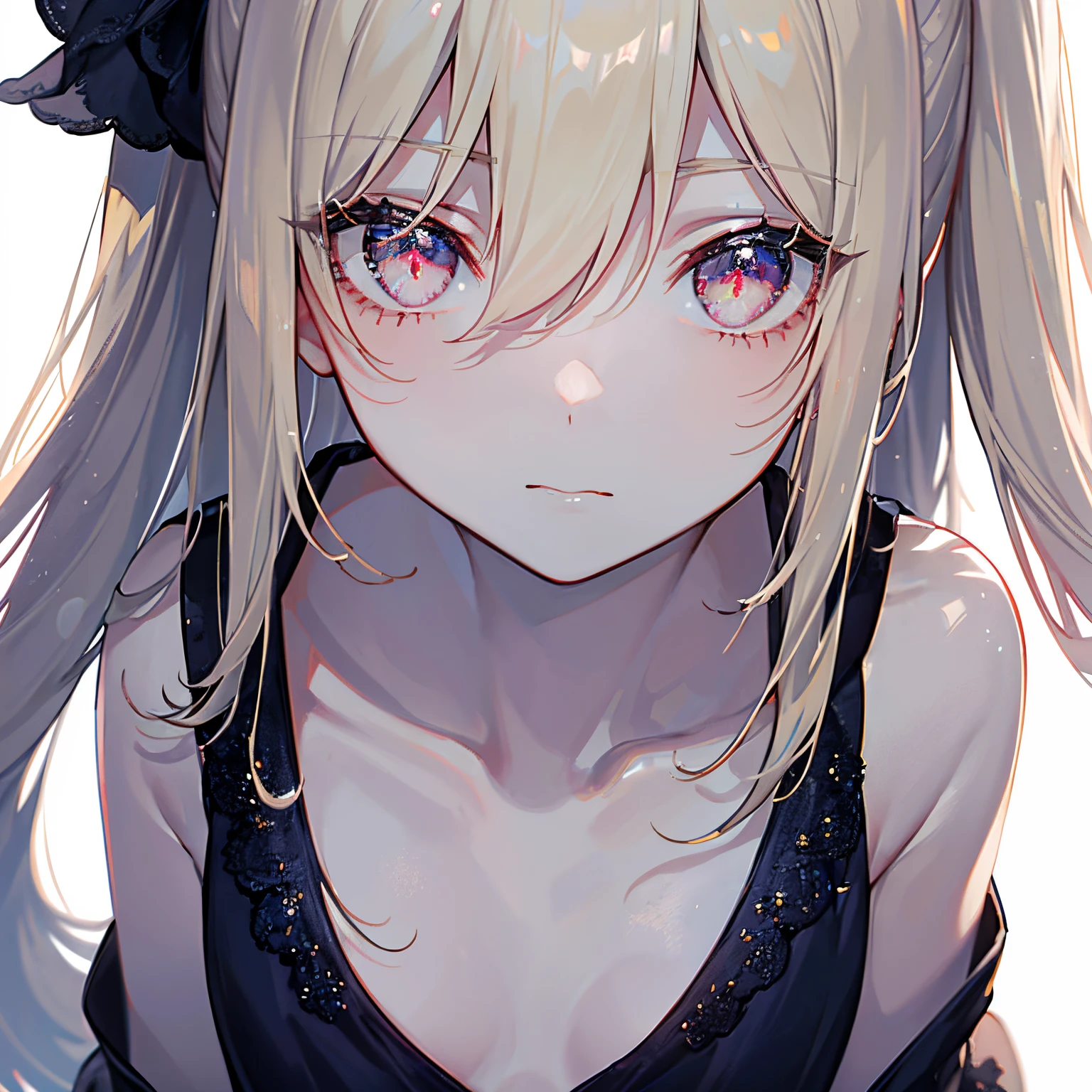 1 girl in, no smile, sparkling navy red eyes, (blonde hair) , small stature, small breasts, loli, (masutepiece:1.2, Best Quality), (finely detailed beautiful eye: 1.2), (beautifull detailed face), High contrast, (Best Illumination, extremely delicate and beautiful), ((Cinematic Light)), Dramatic light, (Pale white background:1.5), shoulder length hair, collarbone, black long dress,