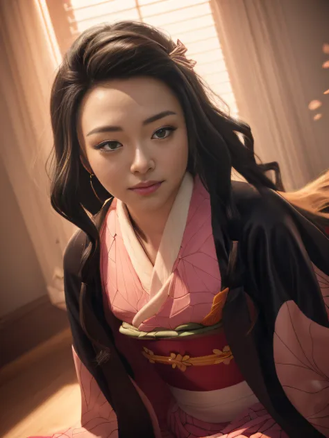 medium portrait, nezuko kamado, pink kimono, demon slayer, side lighting, cinematic, perfect composition