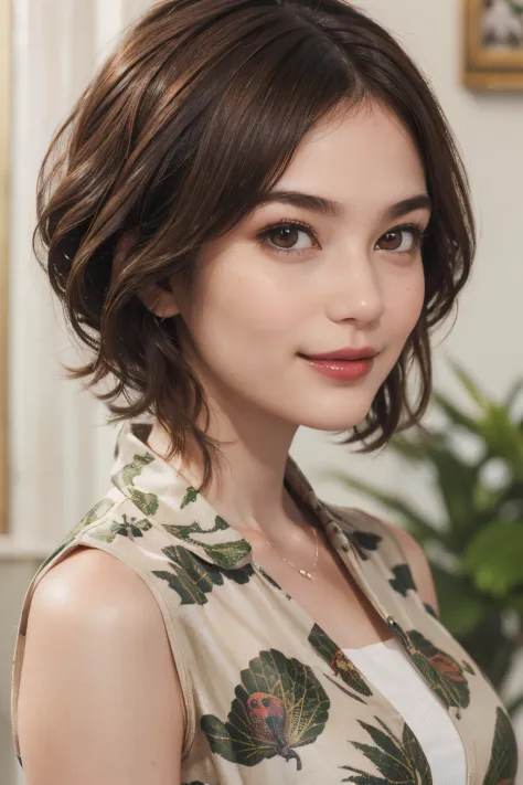 113
(a 20 yo woman,is standing), (A hyper-realistic), (high-level image quality), ((beautiful hairstyle 46)), ((short-hair)), (Gentle smile), (breasted:1.1), (wildlife print clothing), (There is a chameleon), (lipsticks)