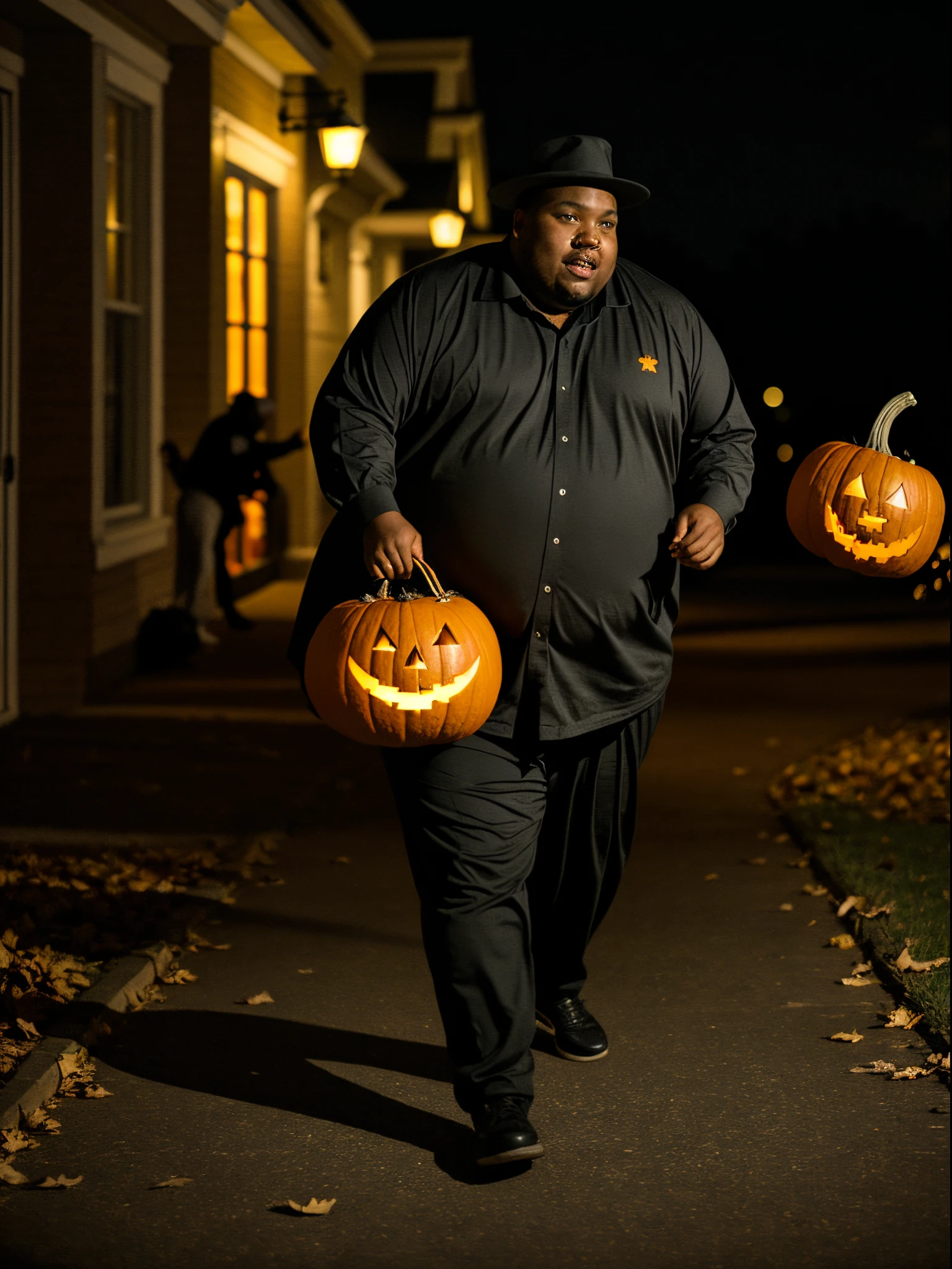 Arafed man walking down a sidewalk with carved pumpkins - SeaArt AI