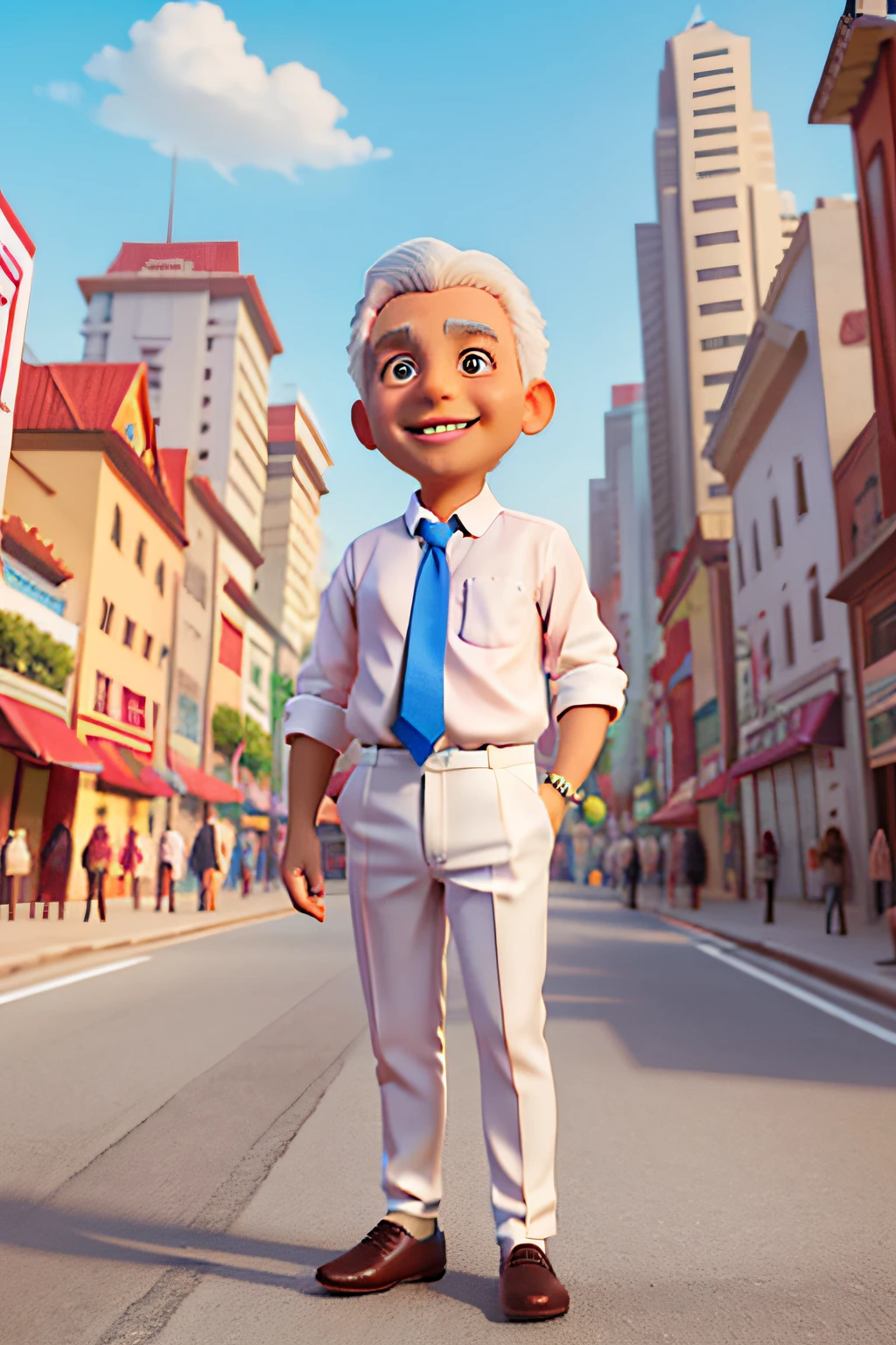 Create an enchanting illustration featuring Ganjar, a lively white-haired man, wearing white shirt and tie, black pants, smiling. Imagine Ganjar exploring a vibrant, magical streets of Jakarta colorful skies, cheerful, busy streets, bustling sidewalk. add details, blue sky and clouds