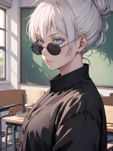 woman, famale version, female, solo, alone, jujutsu kaisen, white hair, hair bun, white eyebrows, white eyelashes, light blue ey...