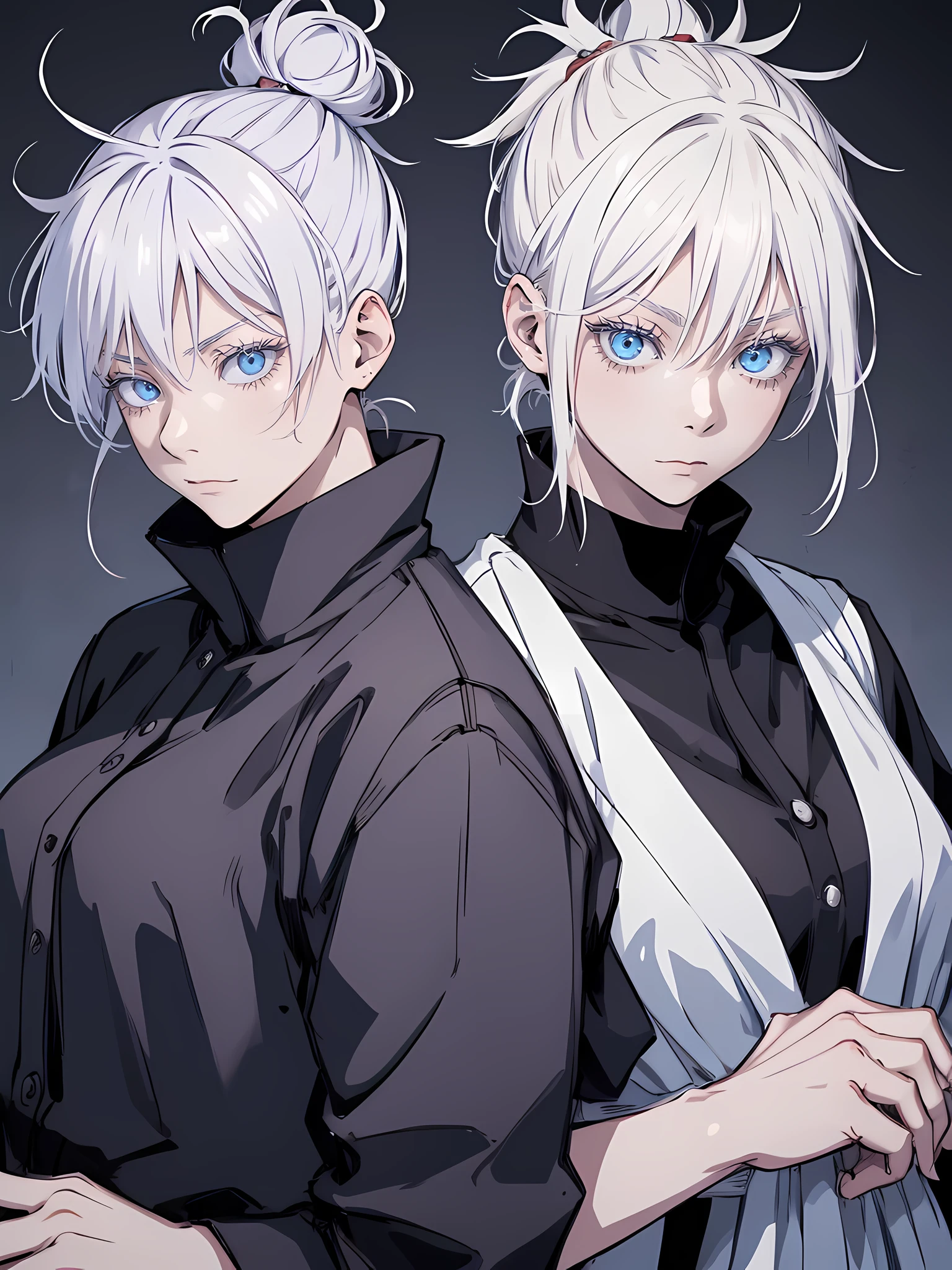 femme, version célèbre, femelle, couple, jujutsu kaisen, cheveux blancs, Chignon, sourcils blancs, cils blancs, Yeux bleu clair, porter une chemise noire, vêtements noirs, Salle de classe, haute qualité, Résolution 4k, Anime