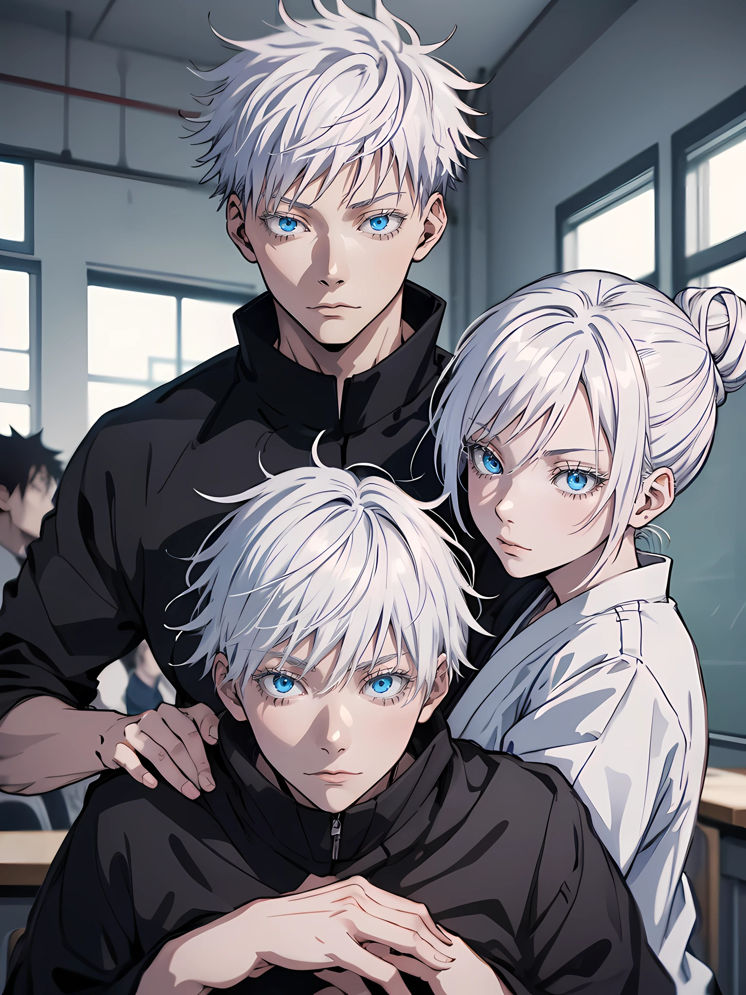 Woman, famale version, female, couple, jujutsu kaisen, white hair, hair bun, white eyebrows, white eyelashes, light blue eyes, wearing black shirt, black clothing, classroom, high quality, 4k resolution, anime