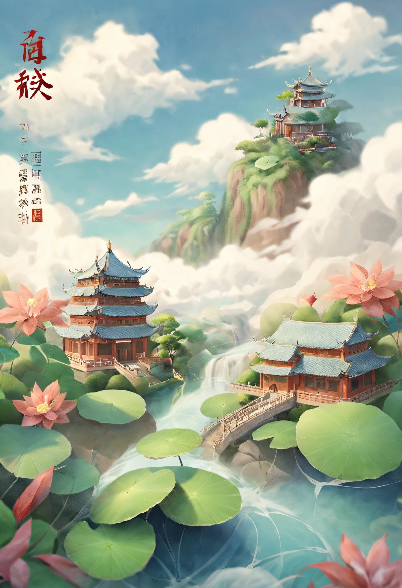 中國古建築、蒙特、水、雲端、植物