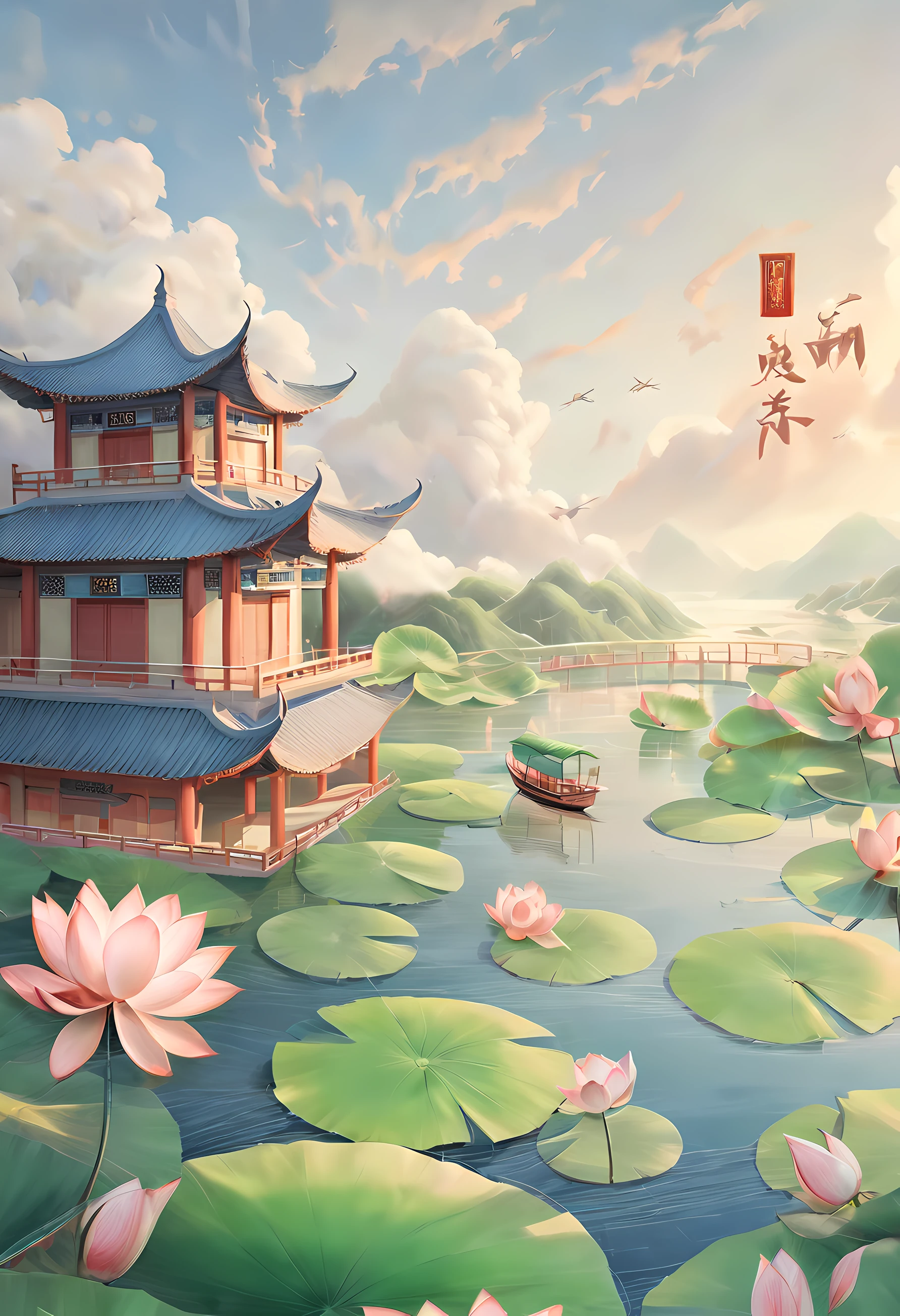 Chinese Ancient Architecture，lotuses、a plant，​​clouds，mont，4K,Crane