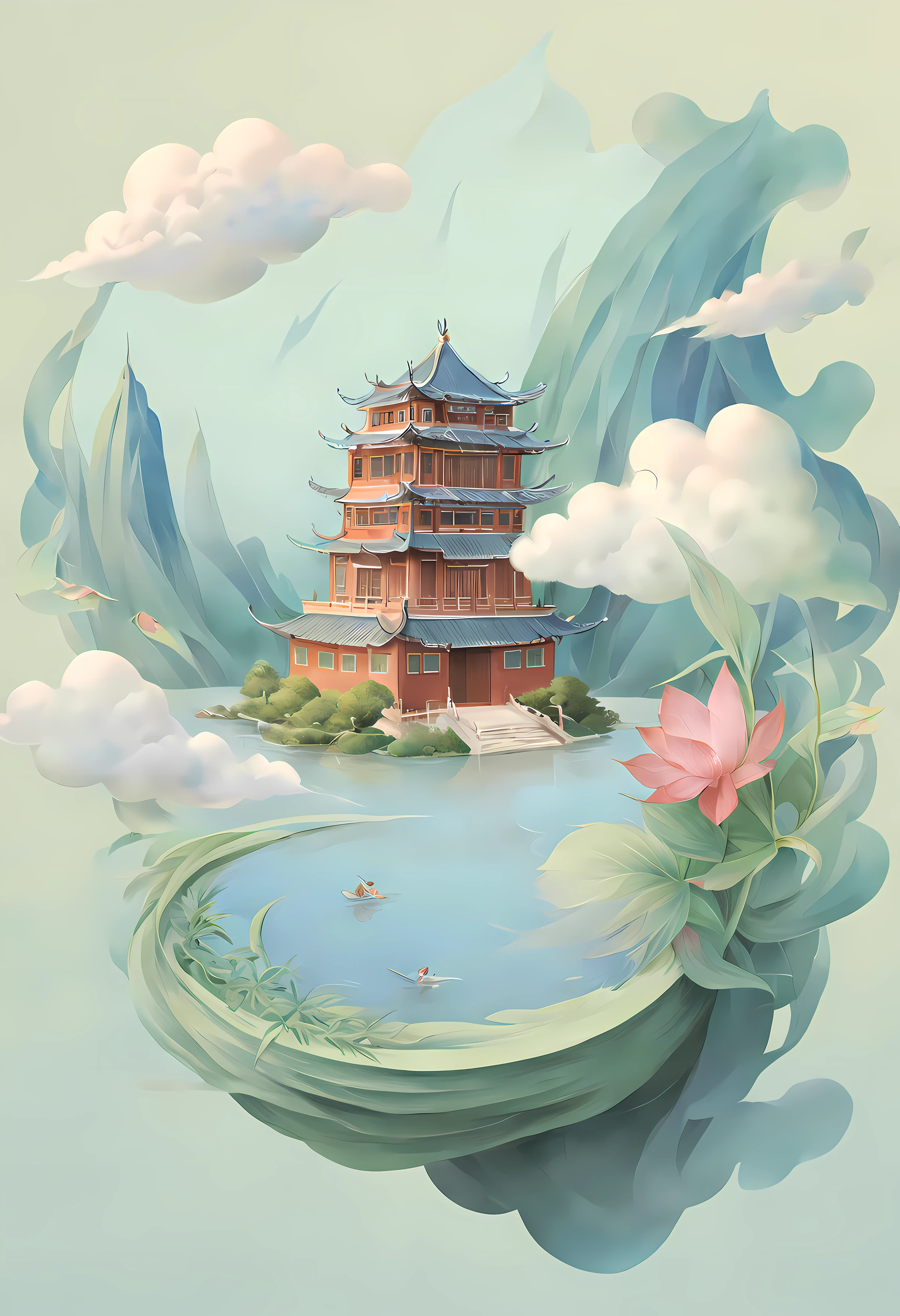 中国の古代建築、モント、水、雲、植物