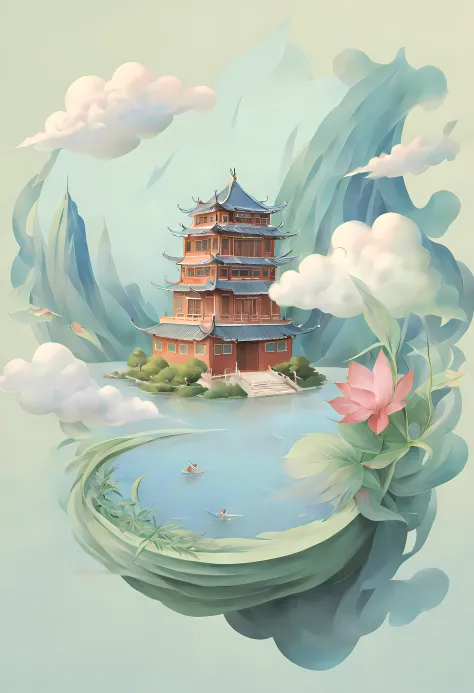 Chinese Ancient Architecture、mont、Eau、​​clouds、a plant